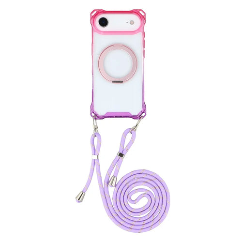For iPhone Air Magnetic Case Ring Kickstand TPU + PC Phone Cover with Lanyard - Gradient Pink / Purple - 1