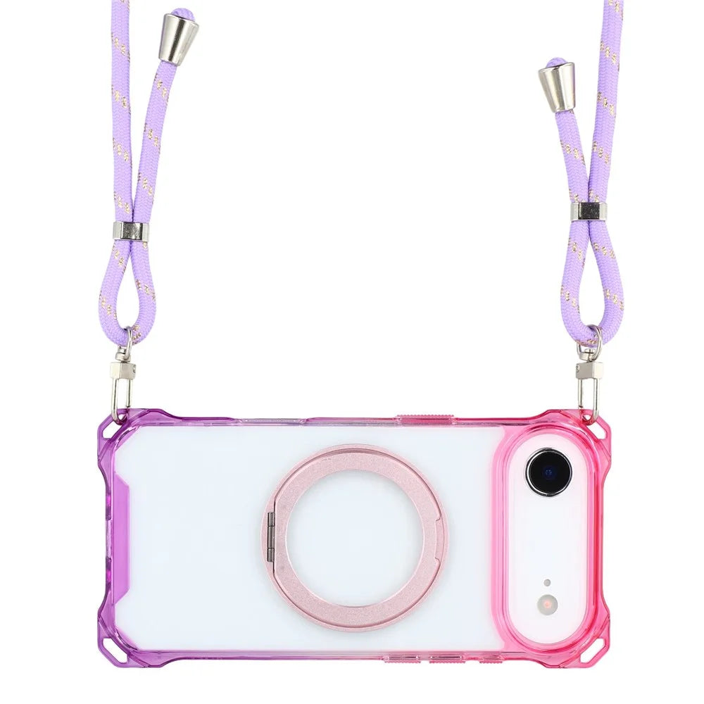 For iPhone Air Magnetic Case Ring Kickstand TPU + PC Phone Cover with Lanyard - Gradient Pink / Purple - 2