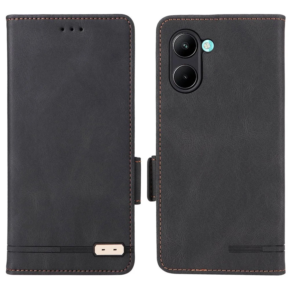 For Realme C33 2023 4G / C33 4G PU Leather Wallet Case Hardware Decor Magnetic Closure Stand Shockproof Phone Cover - Black - 1