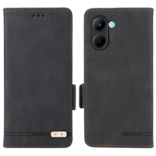 For Realme C33 2023 4G / C33 4G PU Leather Wallet Case Hardware Decor Magnetic Closure Stand Shockproof Phone Cover - Black - 1