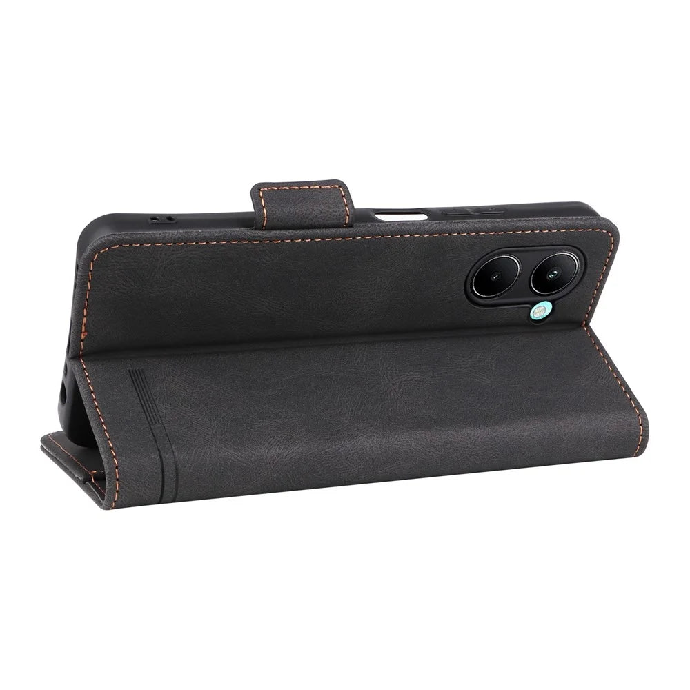 For Realme C33 2023 4G / C33 4G PU Leather Wallet Case Hardware Decor Magnetic Closure Stand Shockproof Phone Cover - Black - 4