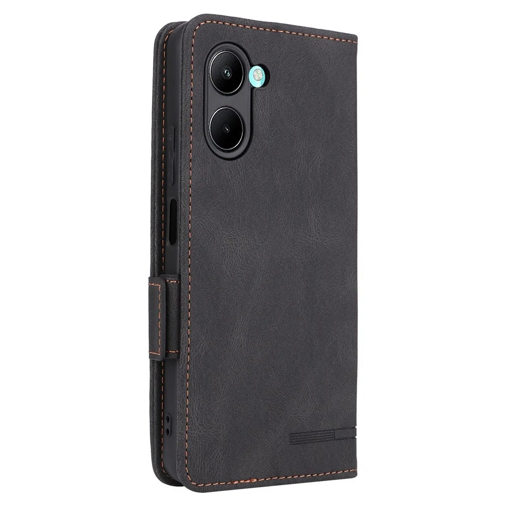 For Realme C33 2023 4G / C33 4G PU Leather Wallet Case Hardware Decor Magnetic Closure Stand Shockproof Phone Cover - Black - 6