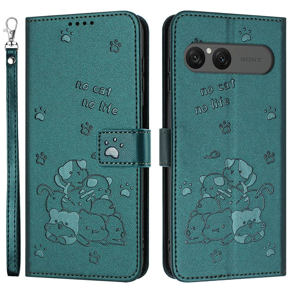 For Sony Xperia 10 VII Wallet Case Cats Imprint Leather Phone Cover with Strap - Dark Green - 1