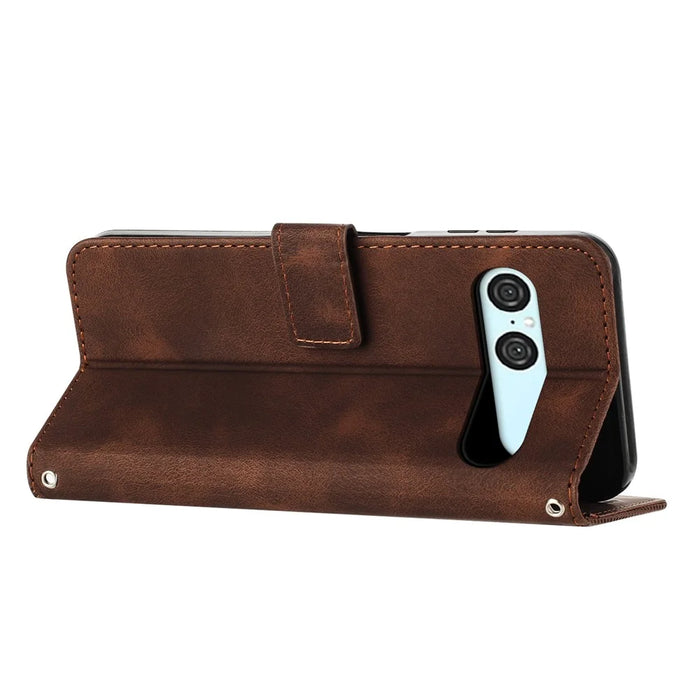 For Sony Xperia 10 VII Leather Case Imprinted Triangle Phone Cover with Hand Strap - Brown - 3