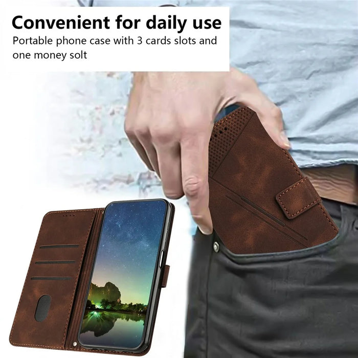 For Sony Xperia 10 VII Leather Case Imprinted Triangle Phone Cover with Hand Strap - Brown - 6