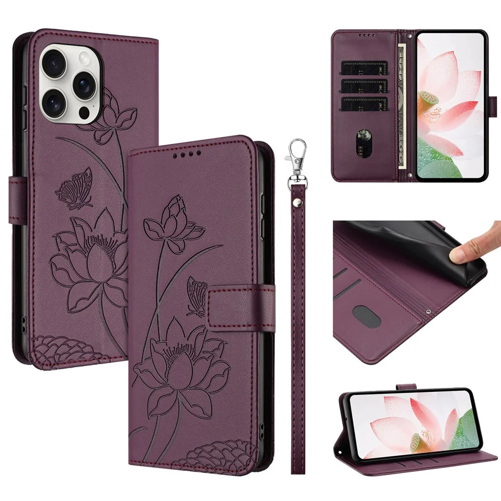 For iPhone 16 Pro Max Case Wallet Stand Lotus Imprint Leather Phone Cover with Wrist Strap - Wine Red - 1