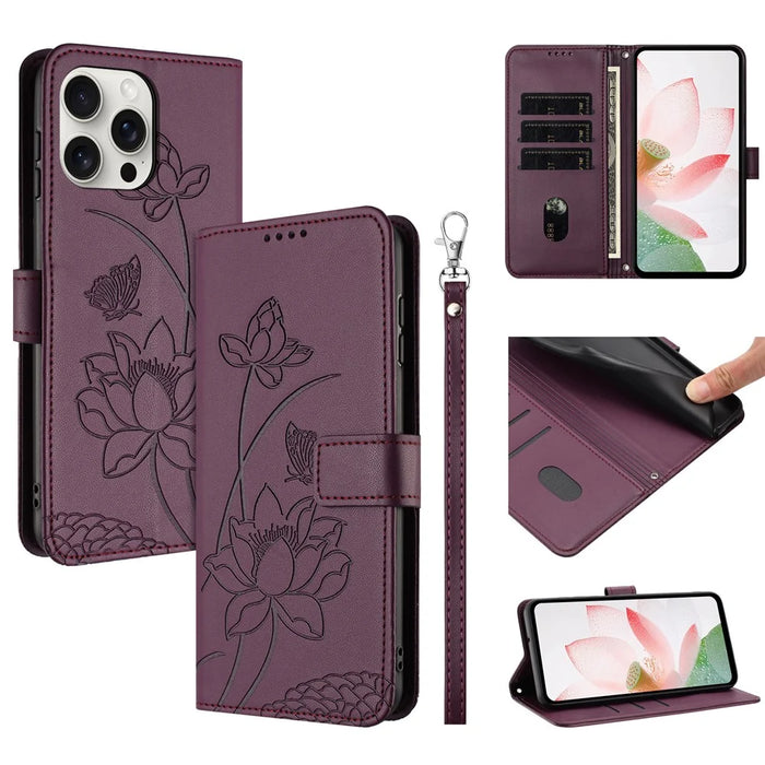For iPhone 16 Pro Max Case Wallet Stand Lotus Imprint Leather Phone Cover with Wrist Strap - Wine Red - 1