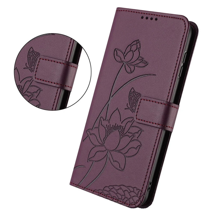 For iPhone 16 Pro Max Case Wallet Stand Lotus Imprint Leather Phone Cover with Wrist Strap - Wine Red - 2