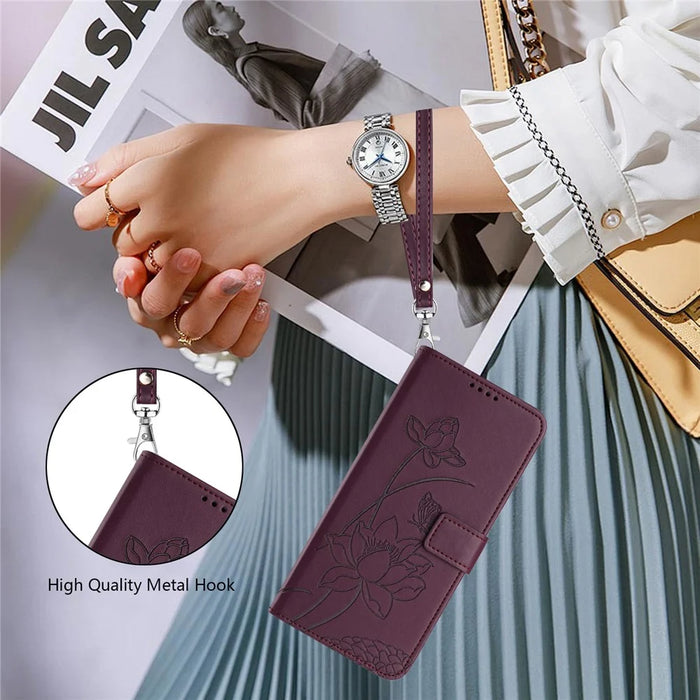 For iPhone 16 Pro Max Case Wallet Stand Lotus Imprint Leather Phone Cover with Wrist Strap - Wine Red - 5