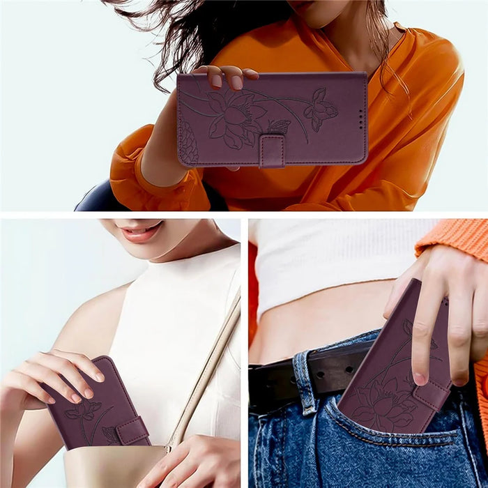 For iPhone 16 Pro Max Case Wallet Stand Lotus Imprint Leather Phone Cover with Wrist Strap - Wine Red - 6