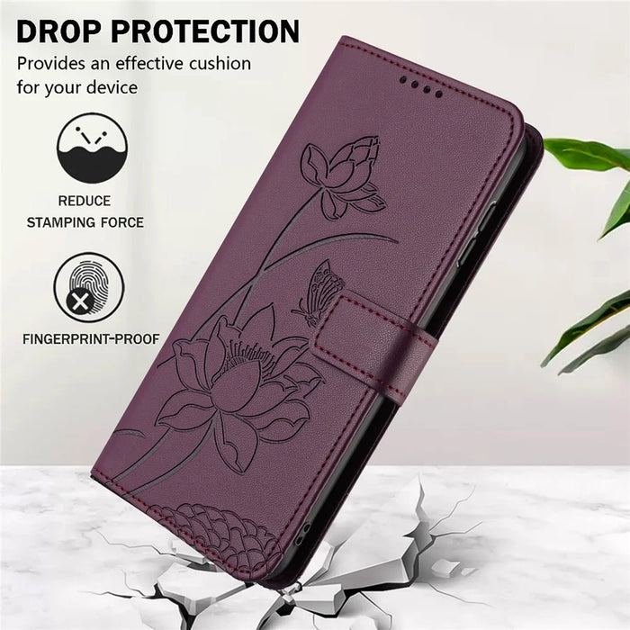 For iPhone 16 Pro Max Case Wallet Stand Lotus Imprint Leather Phone Cover with Wrist Strap - Wine Red - 7