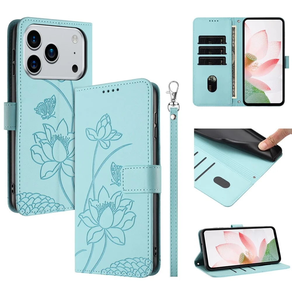 For iPhone 18 Pro / 17 Pro Case Wallet Stand Lotus Imprint Leather Phone Cover with Wrist Strap - Green - 1