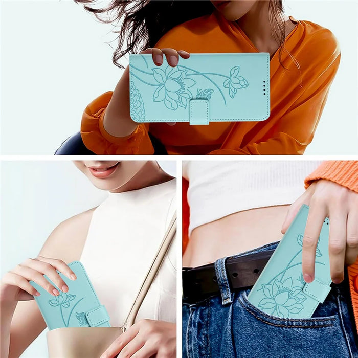 For iPhone 18 Pro / 17 Pro Case Wallet Stand Lotus Imprint Leather Phone Cover with Wrist Strap - Green - 6