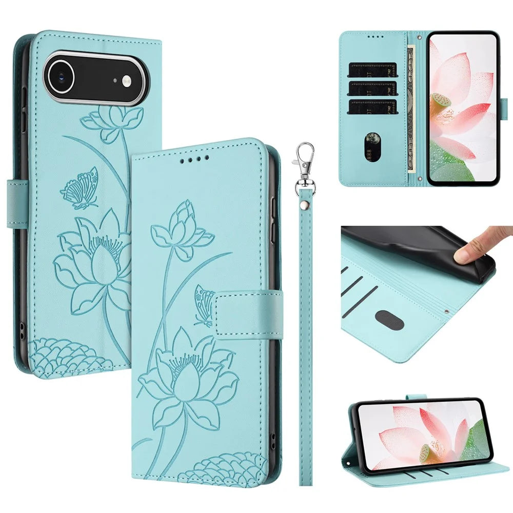 For iPhone Air Case Wallet Stand Lotus Imprint Leather Phone Cover with Wrist Strap - Green - 1