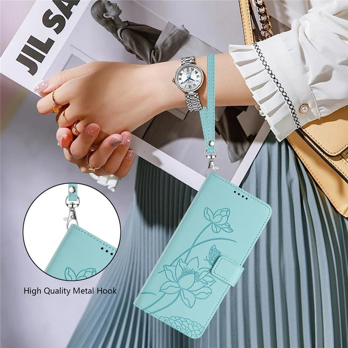 For iPhone Air Case Wallet Stand Lotus Imprint Leather Phone Cover with Wrist Strap - Green - 5