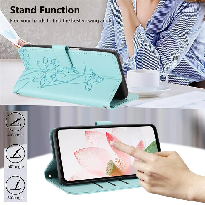For iPhone 18 Pro Max / 17 Pro Max Case Wallet Stand Lotus Imprint Leather Phone Cover with Wrist Strap - Green - 4