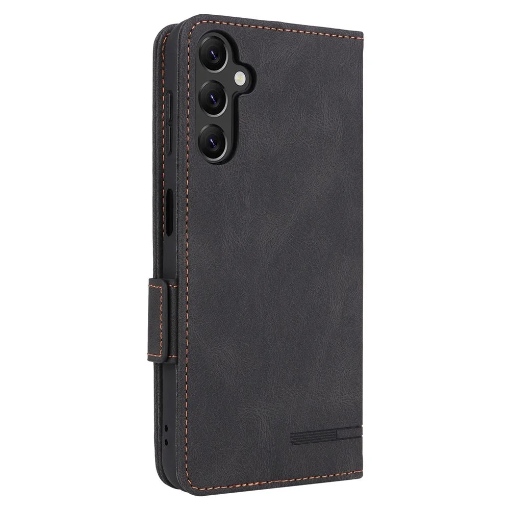 For Samsung Galaxy A14 5G / A14 4G Hardware Decor Flip Wallet Case PU Leather Stand Magnetic Protective Phone Cover - Black - 6