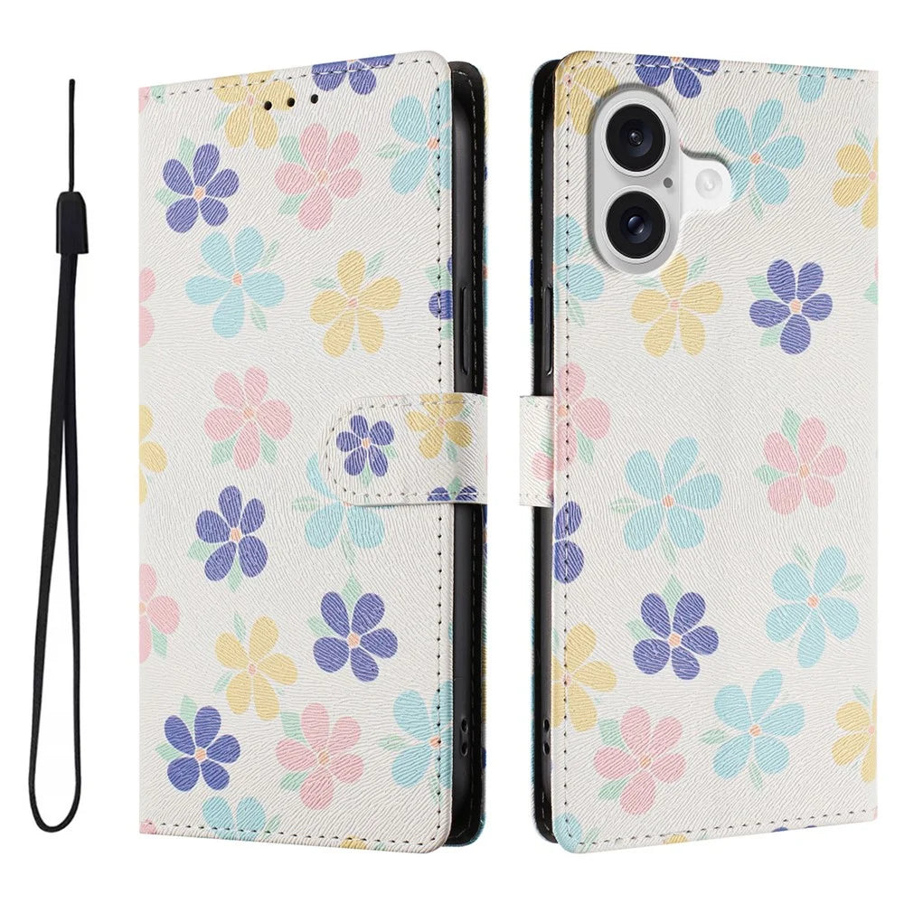 For iPhone 17 Case Pattern Print PU Leather Wallet Phone Cover with Wrist Strap - Colored Flowers - 1