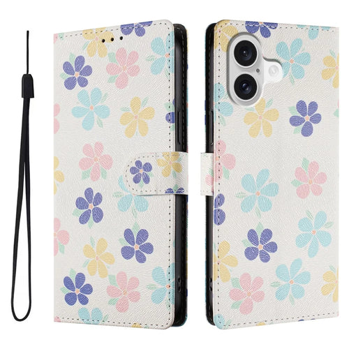For iPhone 17 Case Pattern Print PU Leather Wallet Phone Cover with Wrist Strap - Colored Flowers - 1
