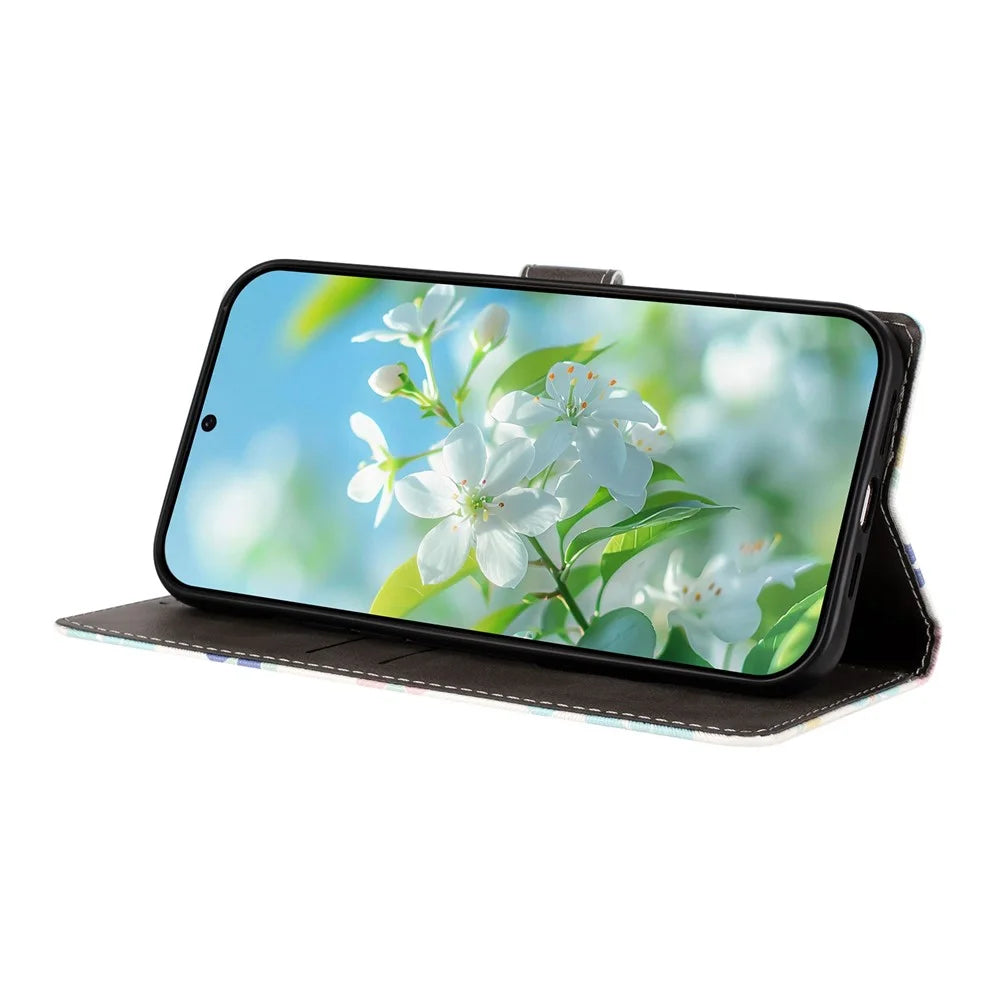 For iPhone 17 Case Pattern Print PU Leather Wallet Phone Cover with Wrist Strap - Colored Flowers - 3