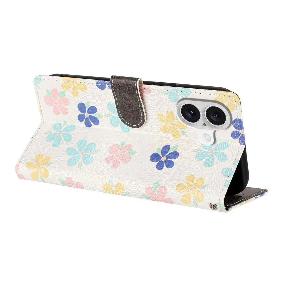 For iPhone 17 Case Pattern Print PU Leather Wallet Phone Cover with Wrist Strap - Colored Flowers - 4