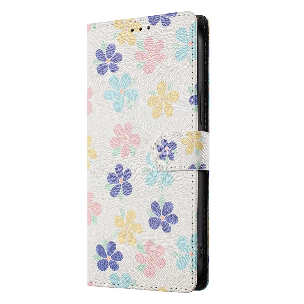 For iPhone 17 Case Pattern Print PU Leather Wallet Phone Cover with Wrist Strap - Colored Flowers - 7