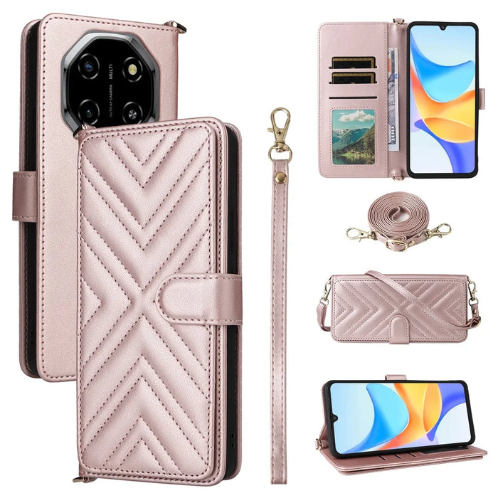 For Blackview Shark 6  /  Oscal Tiger 8 Case with Shoulder  /  Wrist Strap Leather Phone Cover Stand Wallet - Pink - 1