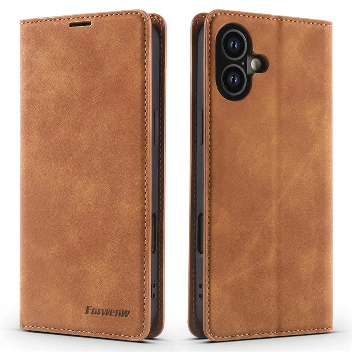 FORWENW For iPhone 17 Wallet Case Magnetic Absorption Leather Flip Phone Cover with Stand - Brown - 1