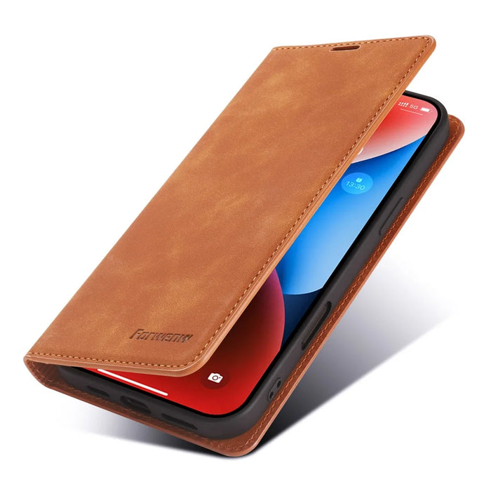 FORWENW For iPhone 17 Wallet Case Magnetic Absorption Leather Flip Phone Cover with Stand - Brown - 4