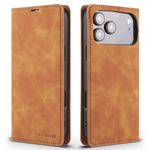FORWENW For iPhone 17 Pro Wallet Case Magnetic Absorption Leather Flip Phone Cover with Stand - Brown - 1