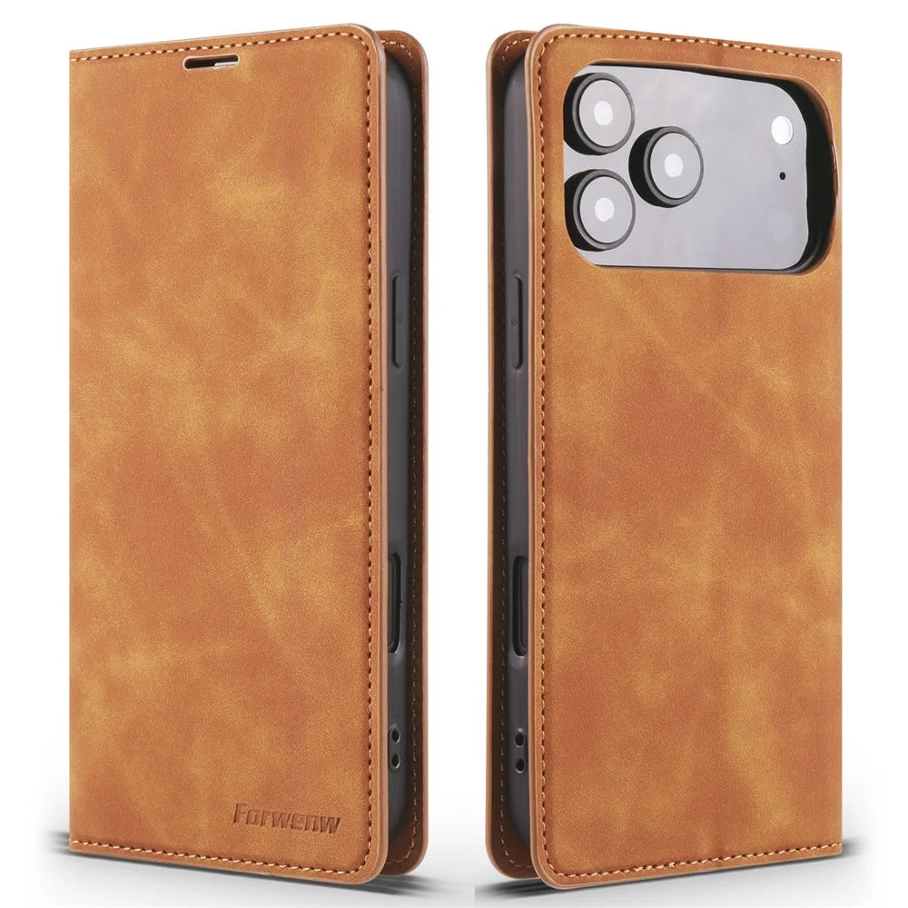 FORWENW For iPhone 17 Pro Max Wallet Case Magnetic Absorption Leather Flip Phone Cover with Stand - Brown - 1