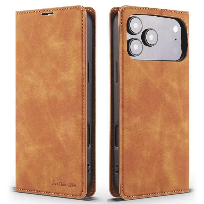 FORWENW For iPhone 17 Pro Max Wallet Case Magnetic Absorption Leather Flip Phone Cover with Stand - Brown - 1