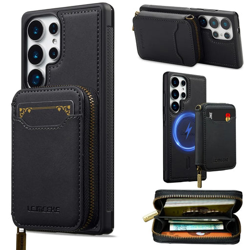 LC.IMEEKE L6 For Samsung Galaxy S25 Ultra Magnetic Case Detachable Zipper Wallet Leather Coated PC + TPU Phone Cover - Black - 1