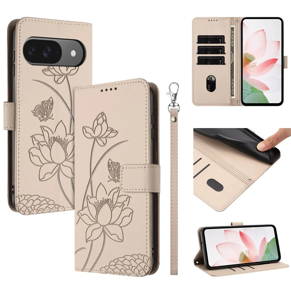 Leather Case For Google Pixel 10 Pro  /  10  /  9 Pro  /  9 Wallet Stand Lotus Imprint Phone Cover with Wrist Strap - Beige - 1