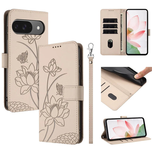 Leather Case For Google Pixel 10 Pro  /  10  /  9 Pro  /  9 Wallet Stand Lotus Imprint Phone Cover with Wrist Strap - Beige - 1