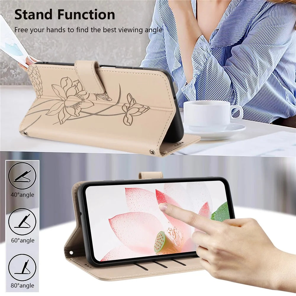 Leather Case For Google Pixel 10 Pro  /  10  /  9 Pro  /  9 Wallet Stand Lotus Imprint Phone Cover with Wrist Strap - Beige - 4