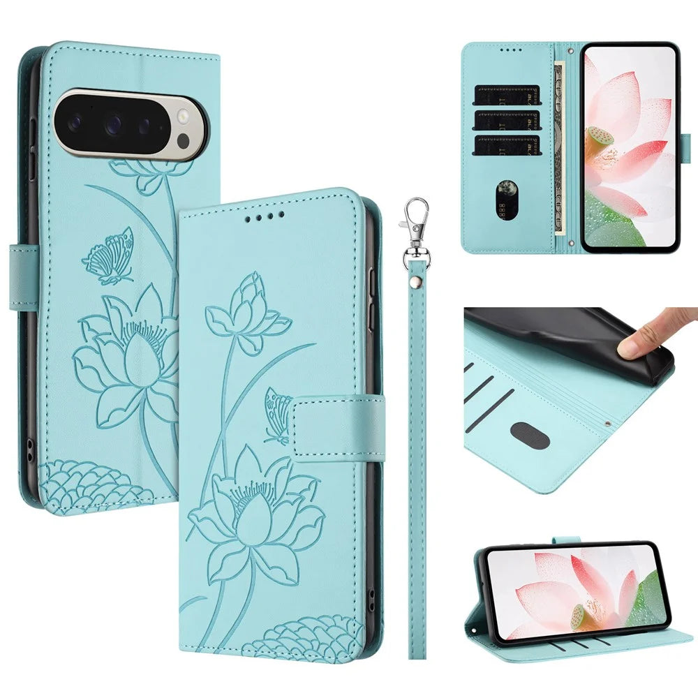 For Google Pixel 10 Pro XL  /  9 Pro XL Case Wallet Stand Lotus Imprint Leather Phone Cover with Wrist Strap - Green - 1