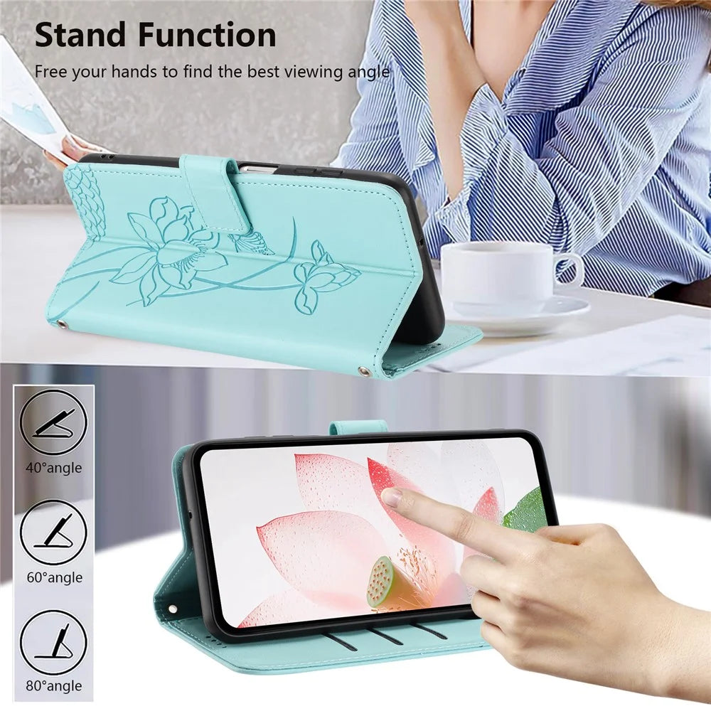 For Google Pixel 10 Pro XL  /  9 Pro XL Case Wallet Stand Lotus Imprint Leather Phone Cover with Wrist Strap - Green - 4