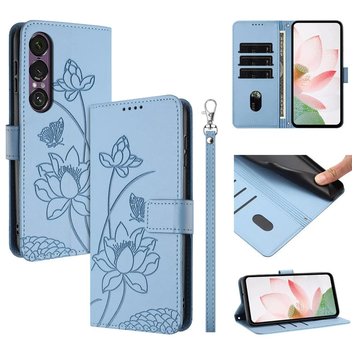 For Sony Xperia 1 VII Case Wallet Stand Lotus Imprint Leather Phone Cover with Wrist Strap - Blue - 1