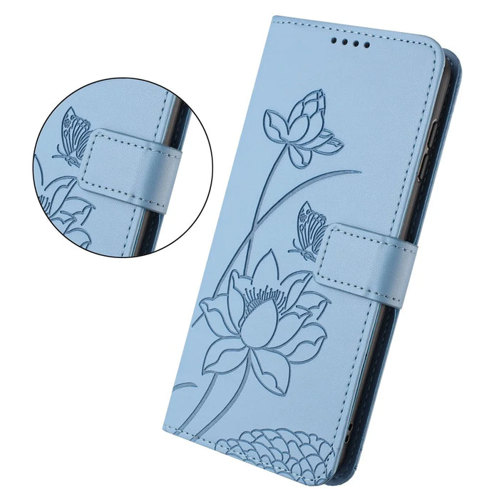 For Sony Xperia 1 VII Case Wallet Stand Lotus Imprint Leather Phone Cover with Wrist Strap - Blue - 2