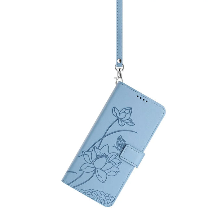For Sony Xperia 1 VII Case Wallet Stand Lotus Imprint Leather Phone Cover with Wrist Strap - Blue - 3