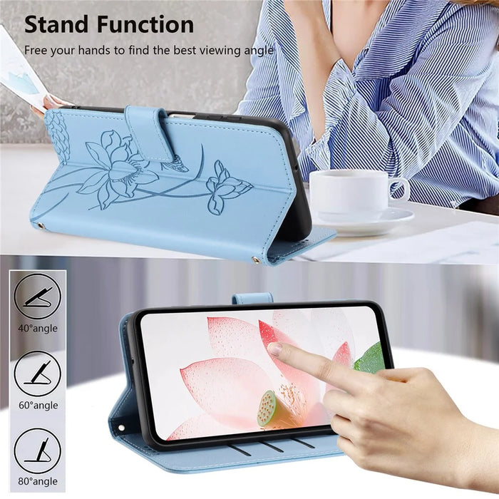 For Sony Xperia 1 VII Case Wallet Stand Lotus Imprint Leather Phone Cover with Wrist Strap - Blue - 4