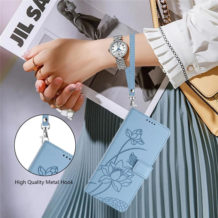 For Sony Xperia 1 VII Case Wallet Stand Lotus Imprint Leather Phone Cover with Wrist Strap - Blue - 5