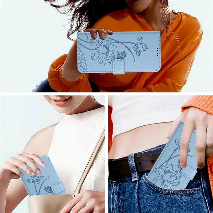 For Sony Xperia 1 VII Case Wallet Stand Lotus Imprint Leather Phone Cover with Wrist Strap - Blue - 6