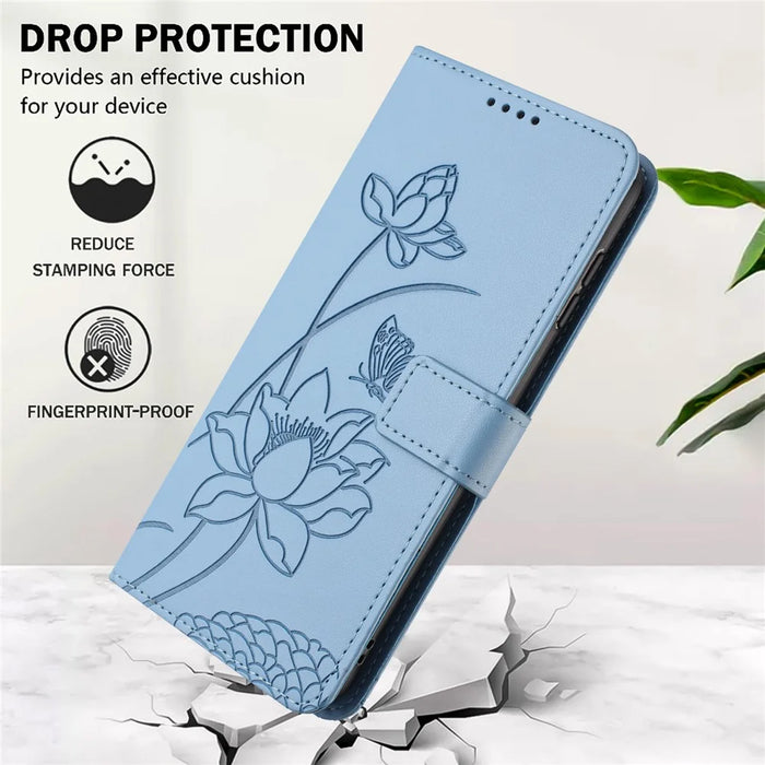 For Sony Xperia 1 VII Case Wallet Stand Lotus Imprint Leather Phone Cover with Wrist Strap - Blue - 7