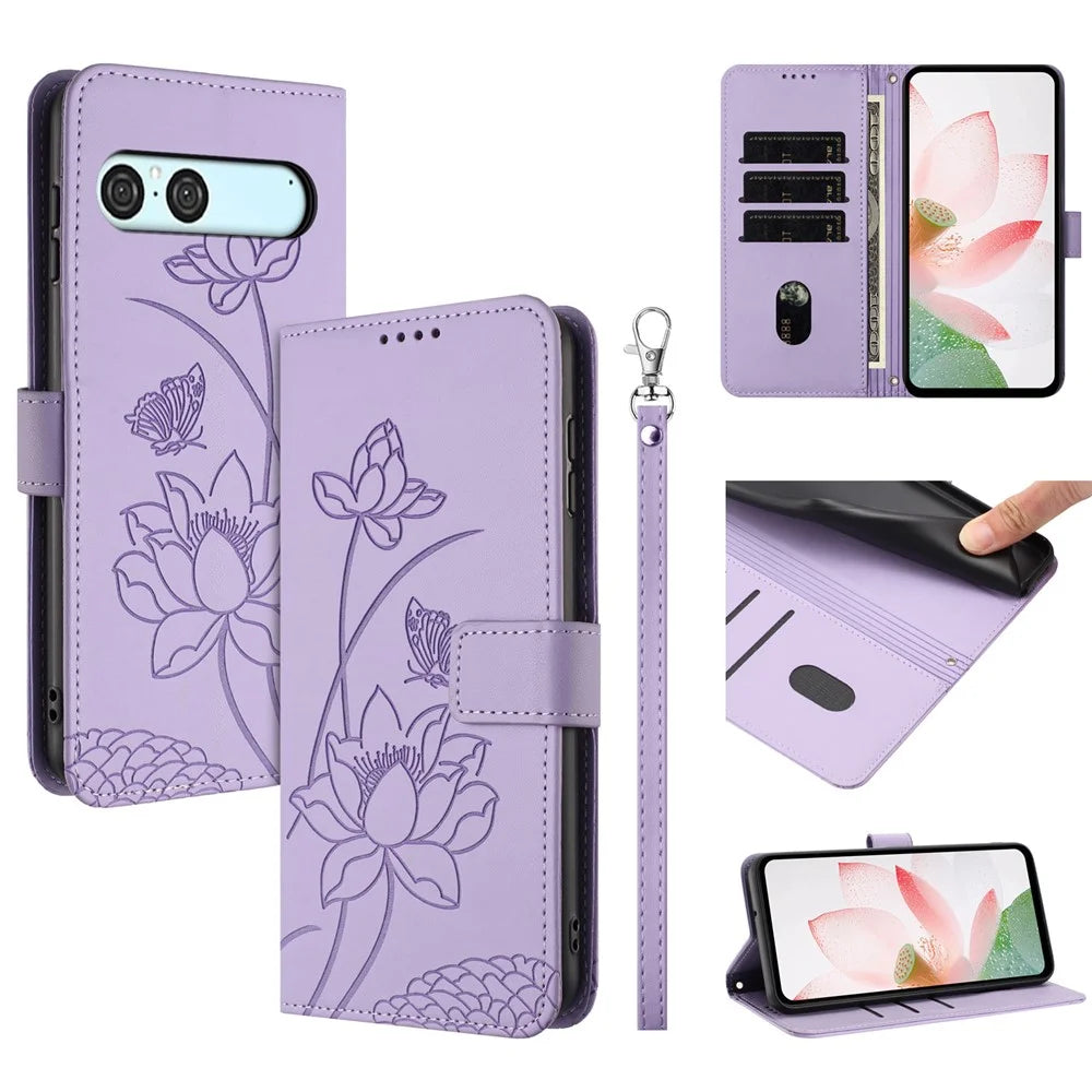 For Sony Xperia 10 VII Case Wallet Stand Lotus Imprint Leather Phone Cover with Wrist Strap - Purple - 1