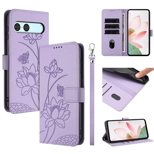 For Sony Xperia 10 VII Case Wallet Stand Lotus Imprint Leather Phone Cover with Wrist Strap - Purple - 1