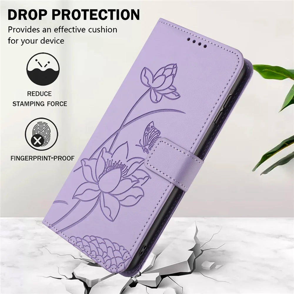 For Sony Xperia 10 VII Case Wallet Stand Lotus Imprint Leather Phone Cover with Wrist Strap - Purple - 7