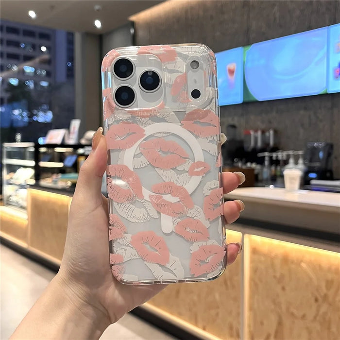 For iPhone 17 Pro Case Compatible with MagSafe IMD Lip Print Pattern TPU PC Phone Back Cover - Pink - 3