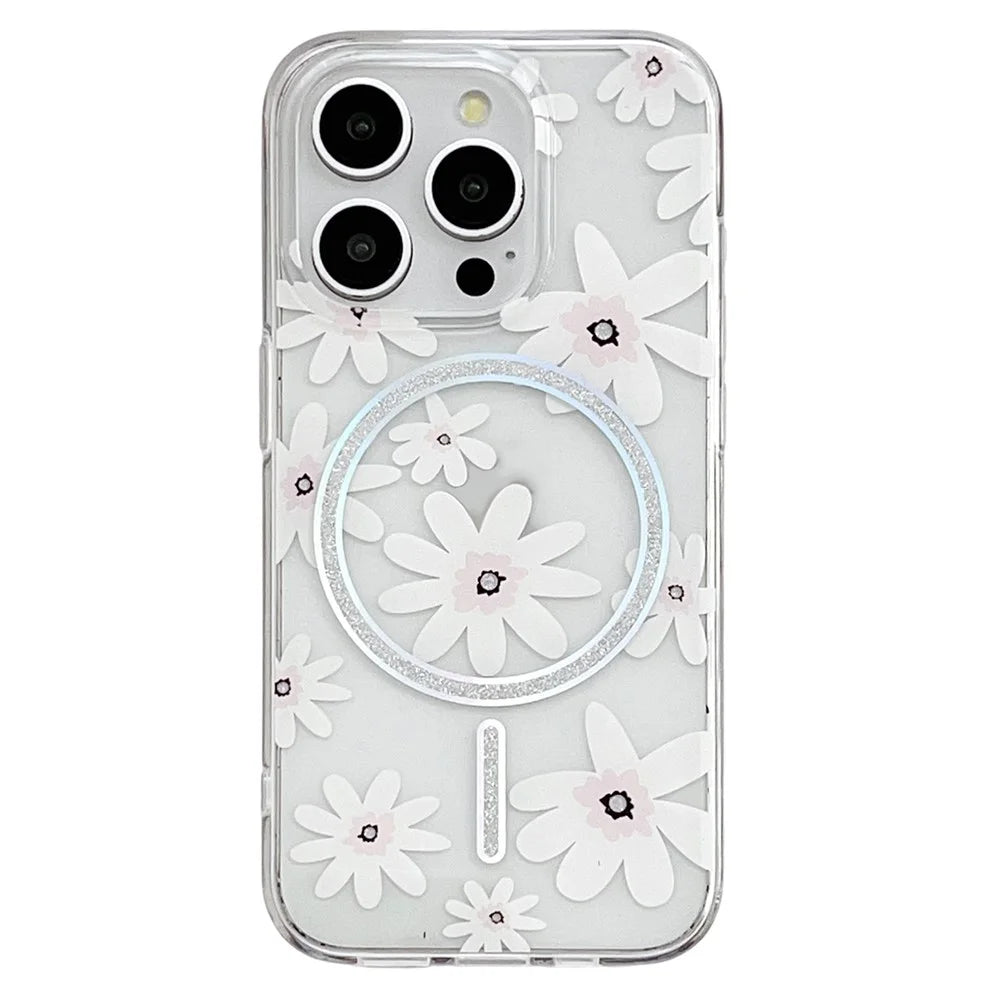 For iPhone 16 Pro Max Case Compatible with MagSafe Laser Floral IMD TPU PC Phone Back Cover - White Flowers - 1